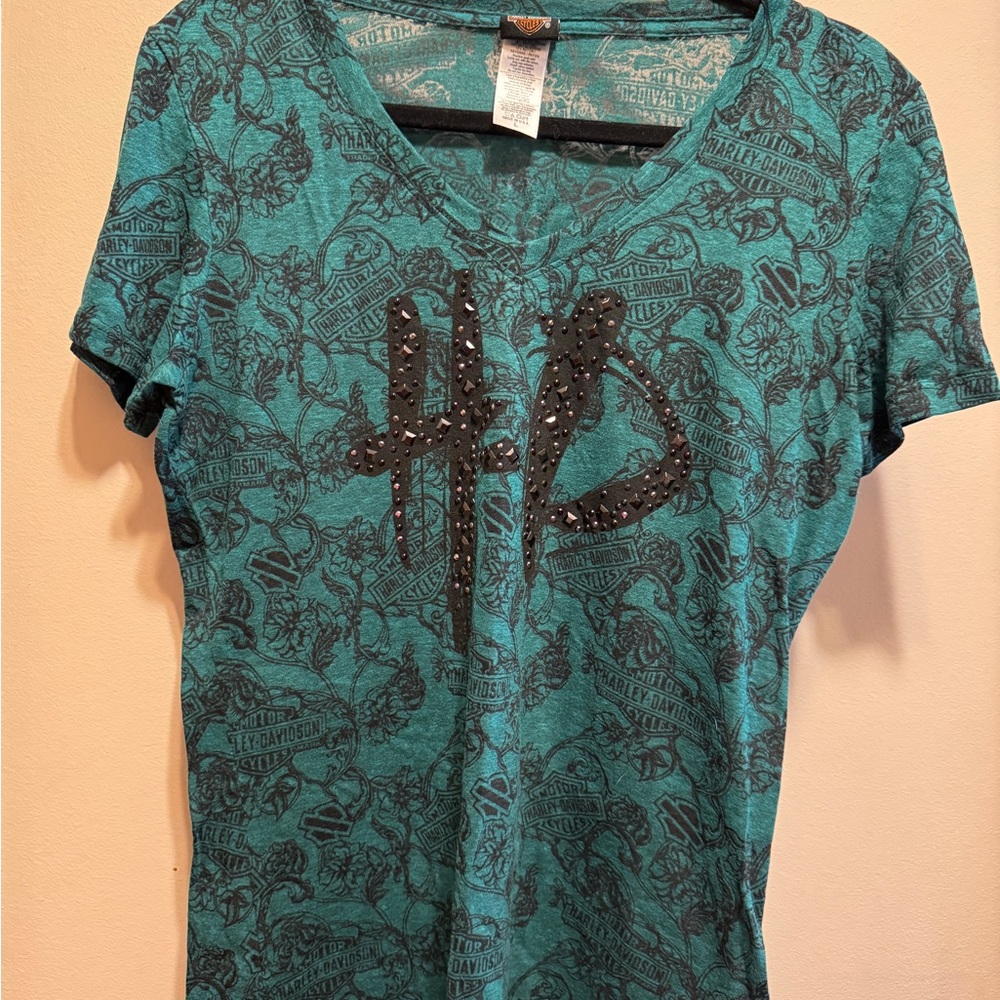 Green and Black Charlotte Harley-Davidson Bling Rhinestone Women’s Top